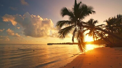 Ocean Sunrise, sunset view of Palm tree and tropical island beach, seamless loop footage. Never ending 4k video - Powered by Adobe