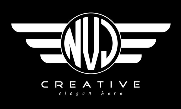 NVJ three letter monogram type circle letter logo with wings vector template.
