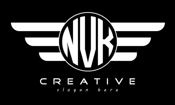 NVK three letter monogram type circle letter logo with wings vector template.