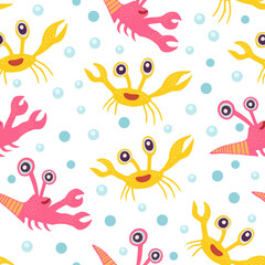 Fototapeta na wymiar Cute seamless pattern with crabs.Cartoon doodle print with happy sea creatures for children and nursery textile and decor.