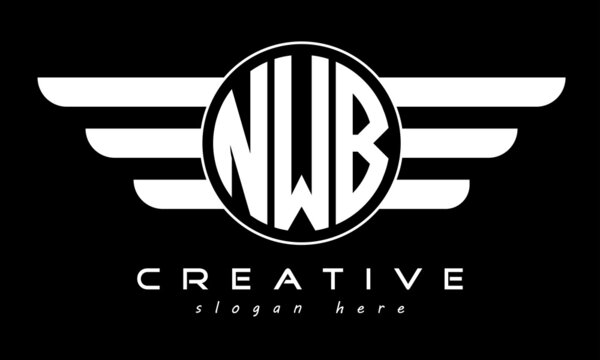 NWB three letter monogram type circle letter logo with wings vector template.