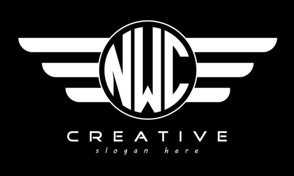 NWC three letter monogram type circle letter logo with wings vector template.