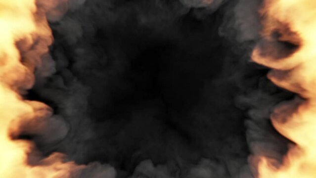 Sharp flames rotate clockwise around the black hole in the middle of the screen. Teeth of fire.