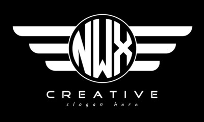 NWX three letter monogram type circle letter logo with wings vector template.