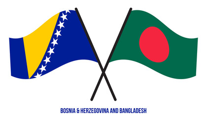 Bosnia & Herzegovina and Bangladesh Flags Crossed And Waving Flat Style. Official Proportion Colors.