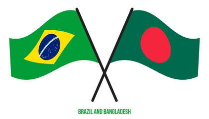 Brazil and Bangladesh Flags Crossed And Waving Flat Style. Official Proportion. Correct Colors.