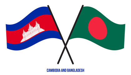 Cambodia and Bangladesh Flags Crossed And Waving Flat Style. Official Proportion. Correct Colors.