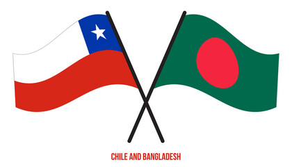 Chile and Bangladesh Flags Crossed And Waving Flat Style. Official Proportion. Correct Colors.