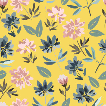Seamless pattern with cute delicate pastel flowers in watercolor style isolated on white background.