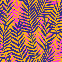 Fototapeta na wymiar Seamless pattern with modern neon palm tropical leaves and plants for design and textile.