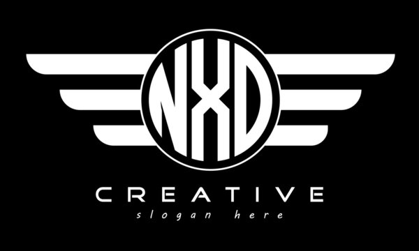 NXO three letter monogram type circle letter logo with wings vector template.