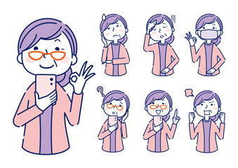 高齢者　女性　スマホ　ワクチン予約　素材　２色