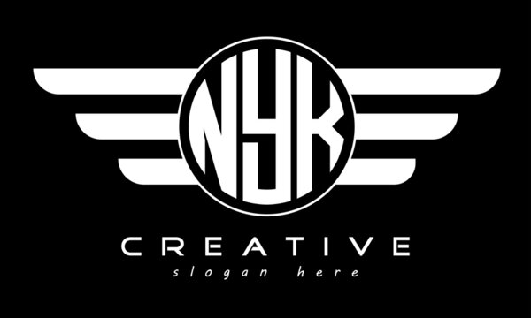 NYK three letter monogram type circle letter logo with wings vector template.