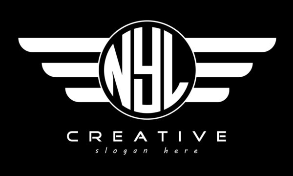 NYL three letter monogram type circle letter logo with wings vector template.