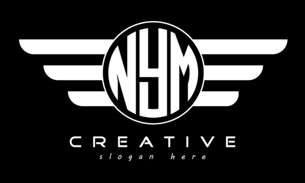 NYM three letter monogram type circle letter logo with wings vector template.