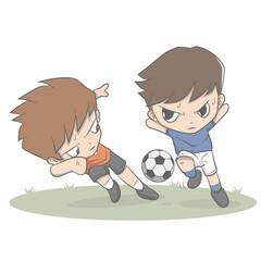 Boys playing soccer on the sport field. Soccer players. Soccer game. Cartoon, anime character.