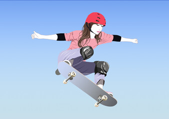 Plakat 飛ぶスケートボード女子イラスト