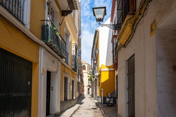 Fototapeta premium A typical narrow street of colorful yellow buildings in the Barrio Santa Cruz area of the Andalusian city of Seville Spain.