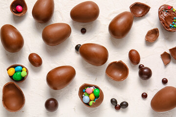 Composition with chocolate Easter eggs and different candies on light background