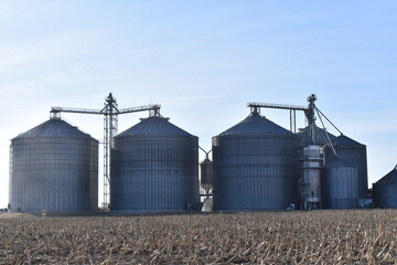 Grain Bins in a Farm Field