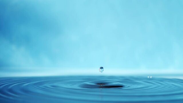 Water surface with falling drops on a blue background. Splashing water. Slow motion raw 4k video.