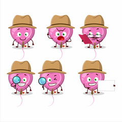 Detective pink love balloon cute cartoon character holding magnifying glass
