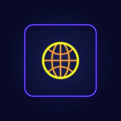 Stylish yellow neon icon in a blue frame in the form of a globe - Vector