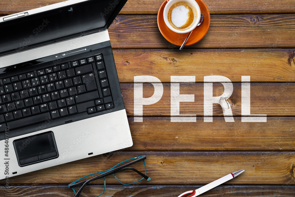 Poster perl programming language. word perl on wooden desk and laptop