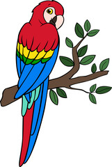 Cartoon birds. Parrot red macaw sits on the tree branch.