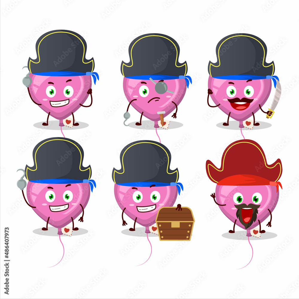 Poster cartoon character of pink love balloon with various pirates emoticons