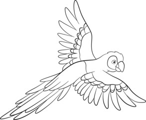 Coloring page. Cute parrot red macaw flies and smiles.