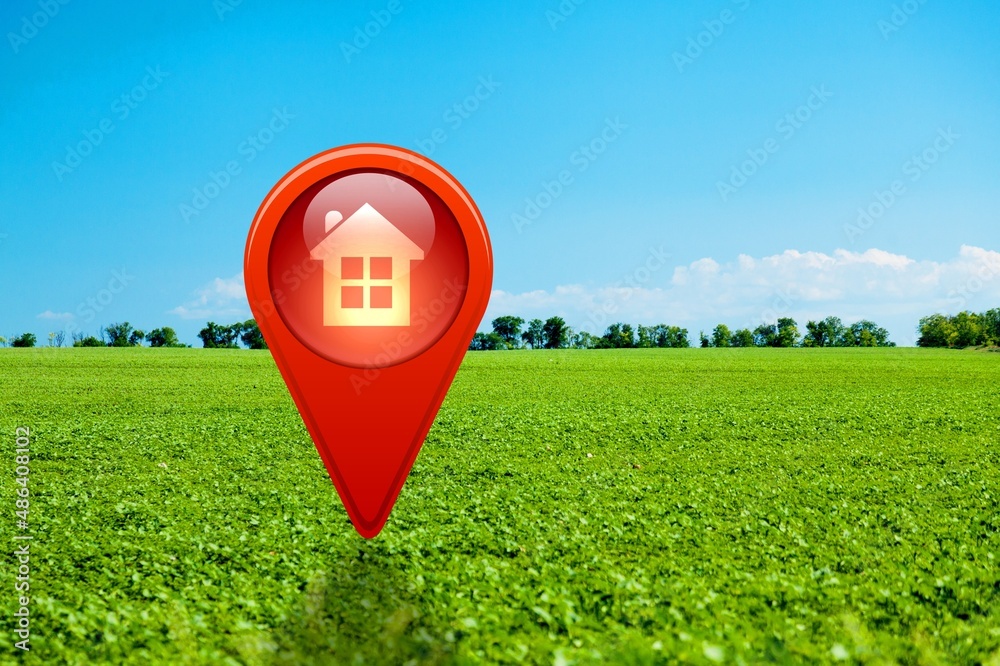 Canvas Prints House symbol with location pin icon on earth in real estate sale or property investment concept,