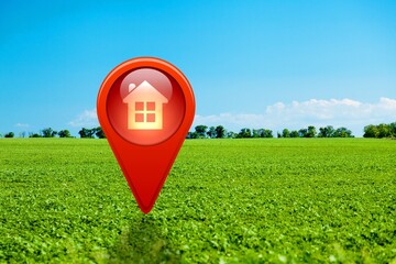 House symbol with location pin icon on earth in real estate sale or property investment concept,