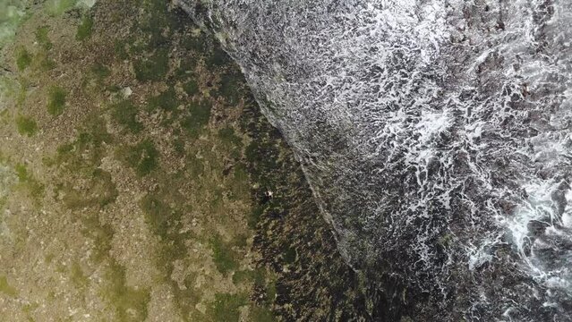 Vertical aerial view of Indian ocean waves and coast in Sri Lanka