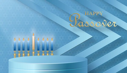 Happy Pessah podium stage for the Passover holiday with nice and creative Jewish symbols on blue color background for Pesach Jewish holiday 