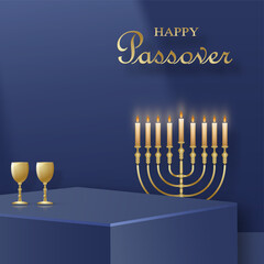 Happy Pessah podium stage for the Passover holiday with nice and creative Jewish symbols on blue color background for Pesach Jewish holiday 