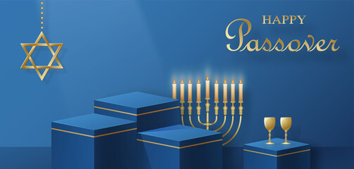 Happy Pessah podium stage for the Passover holiday with nice and creative Jewish symbols on blue color background for Pesach Jewish holiday 