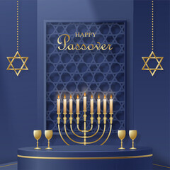 Happy Pessah podium stage for the Passover holiday with nice and creative Jewish symbols on blue color background for Pesach Jewish holiday 