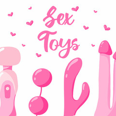  Vector illustration of sex toys. Poster with sex toys for a sex shop. Toys for adults.