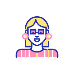 Pretty young woman with a bob haircut wearing glasses and striped shirt. Pixel perfect, editable stroke fun color icon