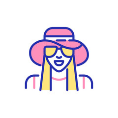 Girl with long hair wearing a hat and sunglasses. Pixel perfect, editable stroke fun color icon