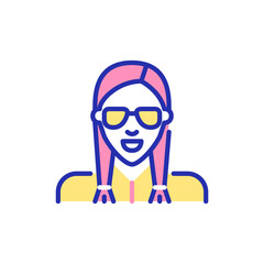 Stylish girl wearing sunglasses and braided hair. Pixel perfect, editable stroke fun color icon
