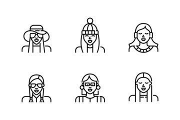 Female profile avatar icons set. Girl in hat, pom pom winter cap, listening to music in headphones. Pixel perfect, editable stroke