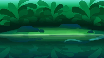 Gordijnen digitale kunst van landschap op een tropische rivieroever met waterbezinning. geanimeerde achtergronden, ontwerpen etc © Dorpy