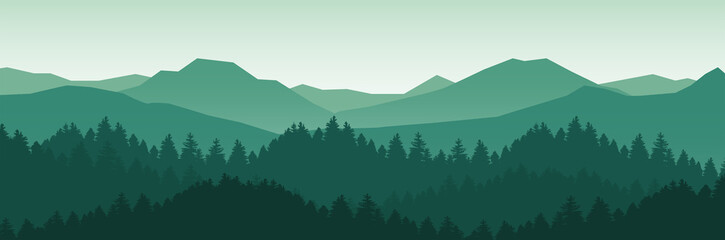 mountain and forest landscape vector illustration with sunrise and sunset in the mountains