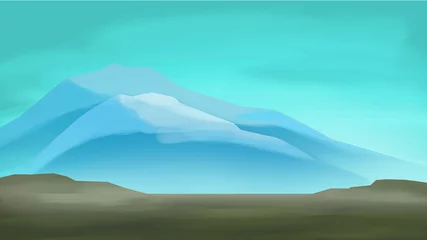 Zelfklevend Fotobehang digitale kunst van landschap op een hoge klif op een mooie blauwe hoge bergachtergrond. achtergrond, ontwerp, animatie etc © Dorpy