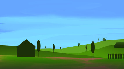 digital art of landscape in a village square on a sunny morning with blue sky. background, design, animation etc
