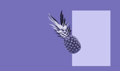 Fresh juicy tropical fruit pineapple on violet background. Creative card in trendy color 2022 Very Peri.