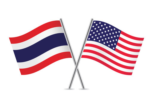 Thailand and America crossed flags. Thai and American flags isolated on white background. Vector icon set. Vector illustration.
