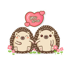 Cute couple Hedgehog fall in love. Hand drawn cartoon animal character.
